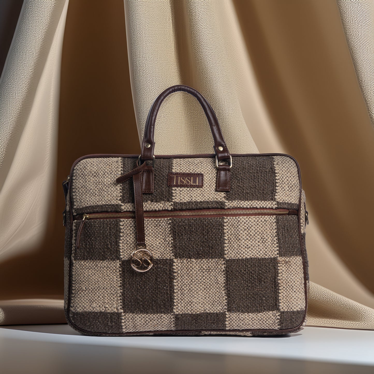Checkered Grid Brown Laptop Bag with Leather Handles | Handwoven Office & Work Bag