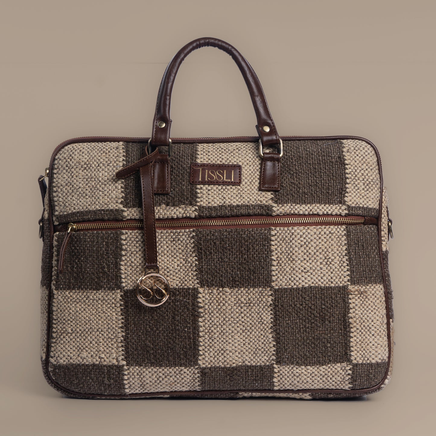 Checkered Grid Brown Laptop Bag with Leather Handles | Handwoven Office & Work Bag