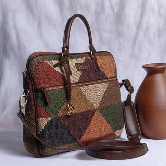Geometric Gem Multi-Color Laptop Bag with Brown Leather Handles | Handwoven Office & Travel Bag