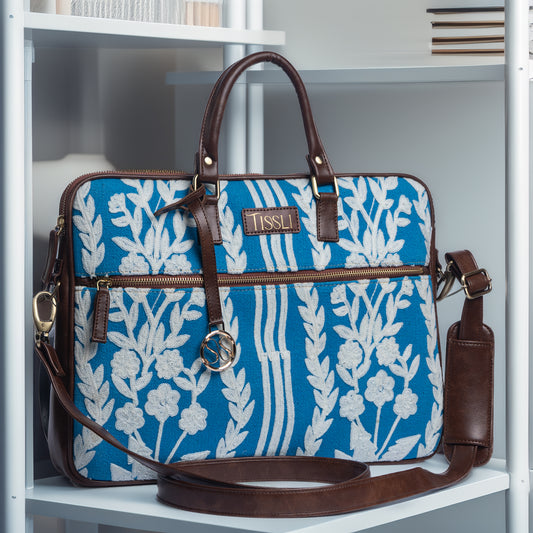 Chikankari Blue Embroidered Laptop Bag with Brown Leather Handles | Handwoven Office & Travel Bag