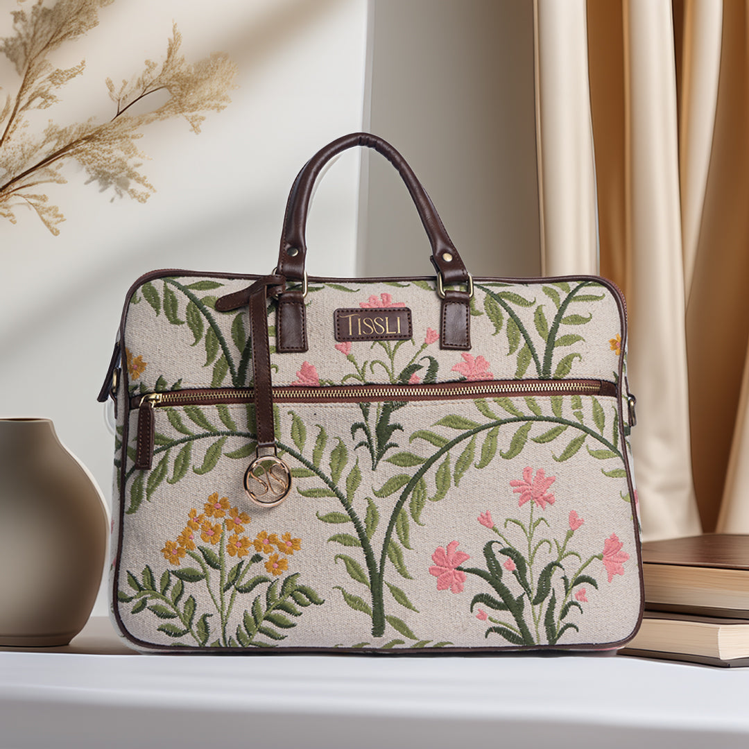 Gulzar Laptop Bag | Handcrafted floral design that brings nature’s calm to your everyday look