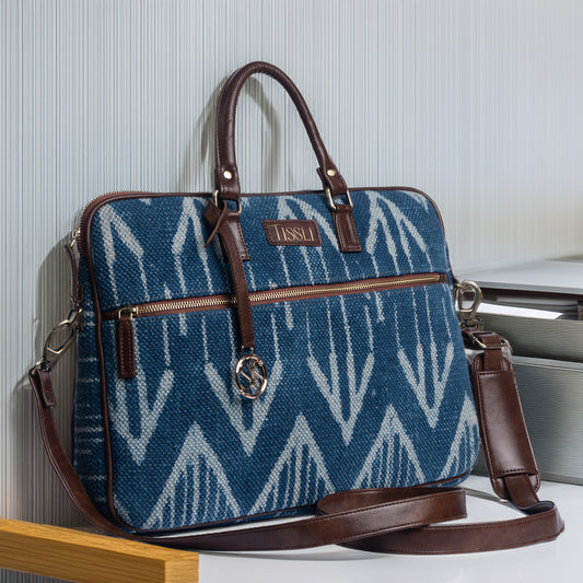 Indigo Chevron Pattern Laptop Bag with Brown Leather Handles | Handwoven Work & Travel Bag