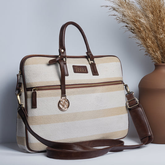 Handwoven Desert Drift Laptop Bag with Brown Leather Handles | Minimal Beige Stripes for Effortless Everyday Style