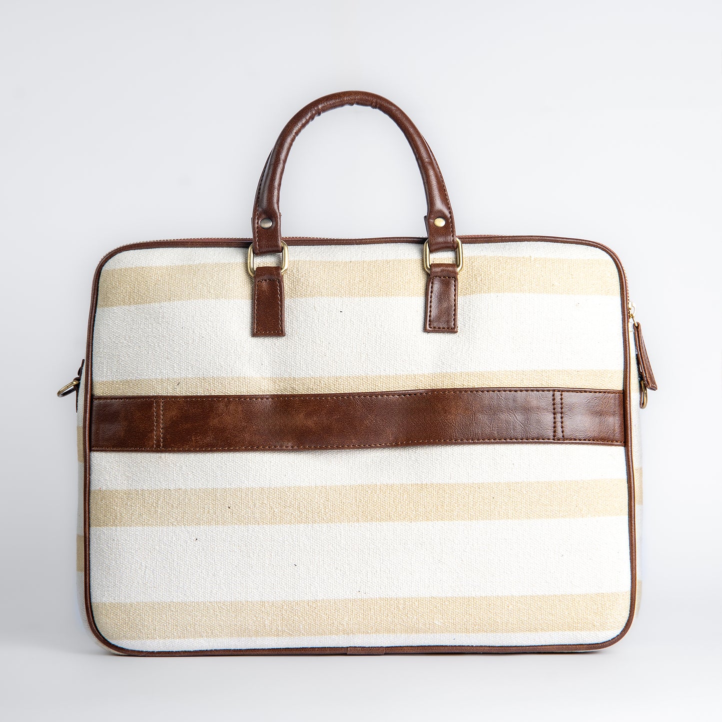 Handwoven Desert Drift Laptop Bag with Brown Leather Handles | Minimal Beige Stripes for Effortless Everyday Style