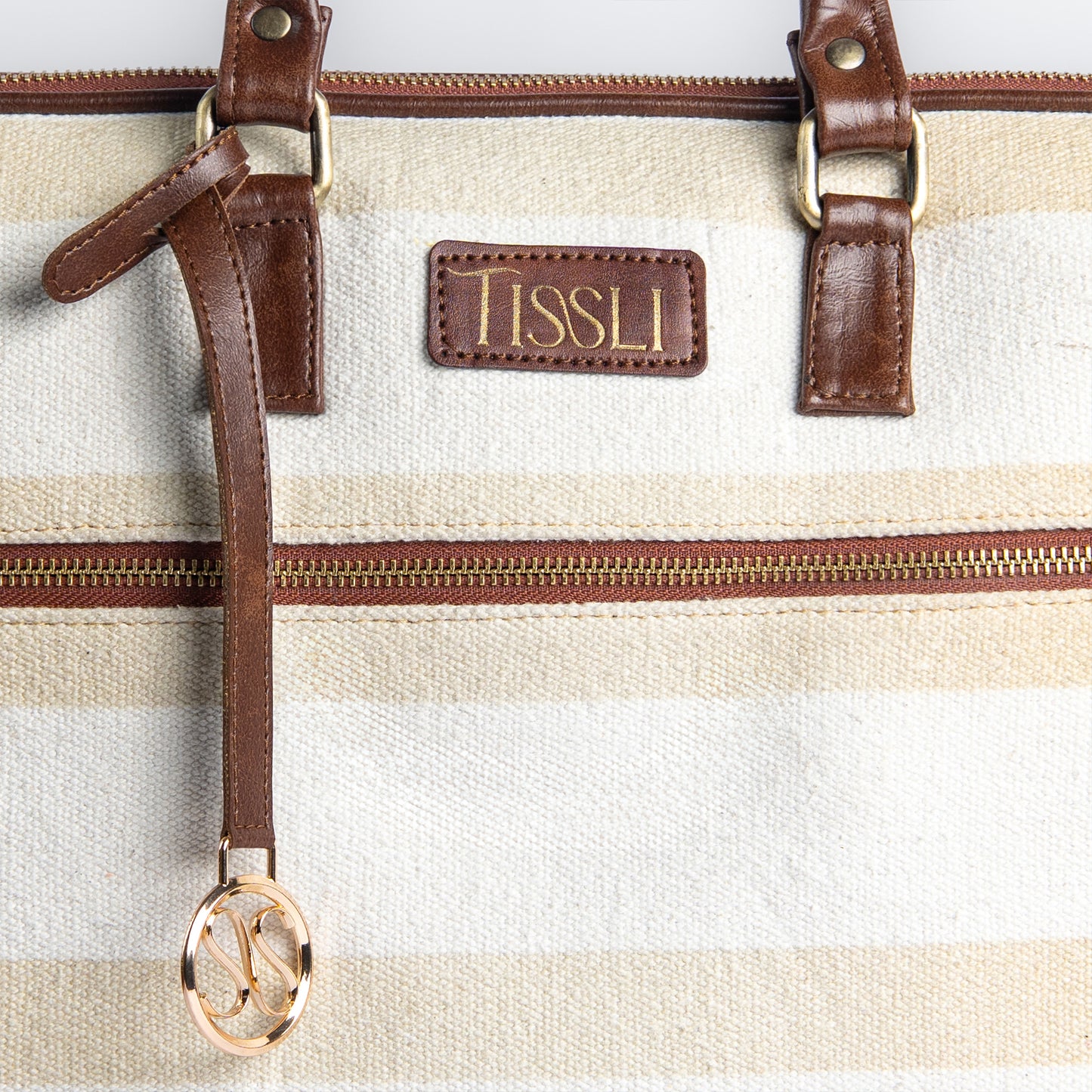 Handwoven Desert Drift Laptop Bag with Brown Leather Handles | Minimal Beige Stripes for Effortless Everyday Style