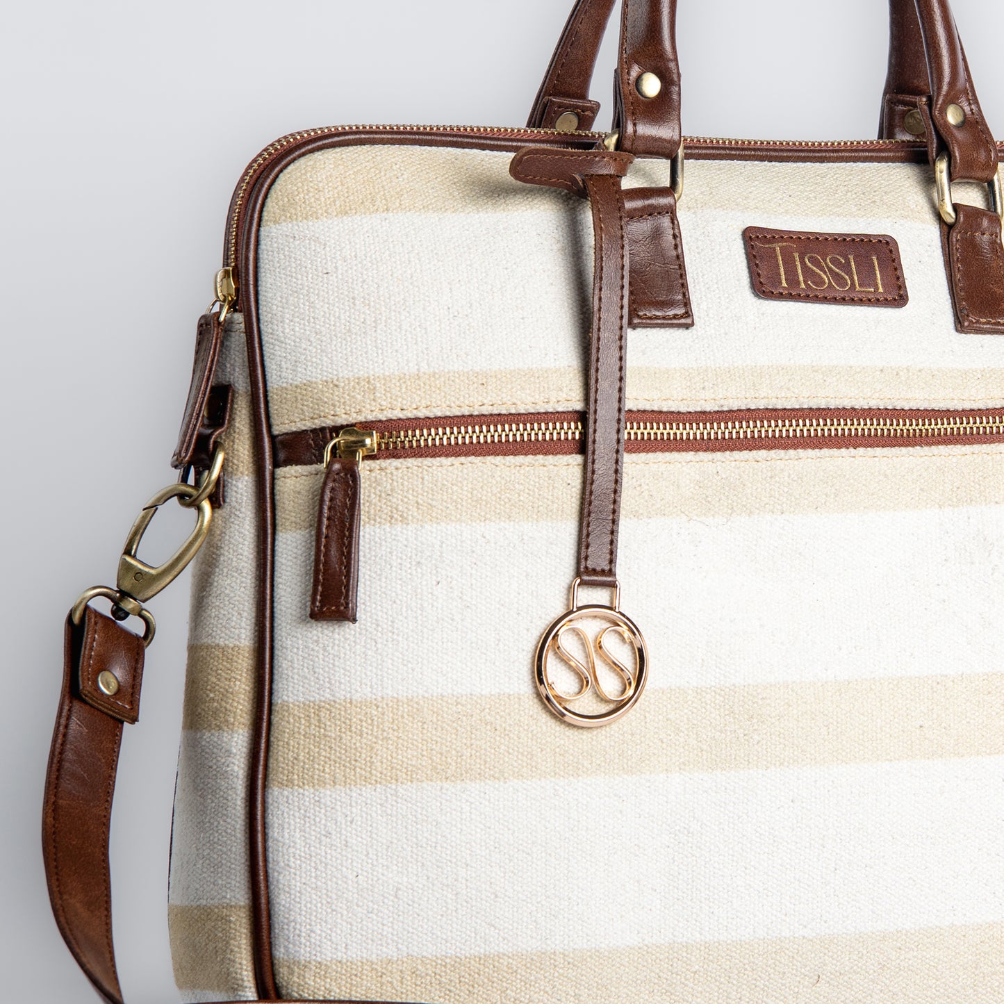 Handwoven Desert Drift Laptop Bag with Brown Leather Handles | Minimal Beige Stripes for Effortless Everyday Style