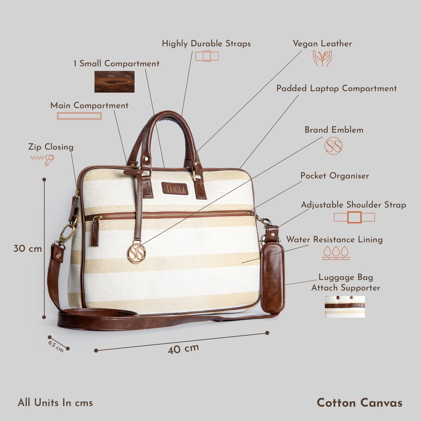 Handwoven Desert Drift Laptop Bag with Brown Leather Handles | Minimal Beige Stripes for Effortless Everyday Style