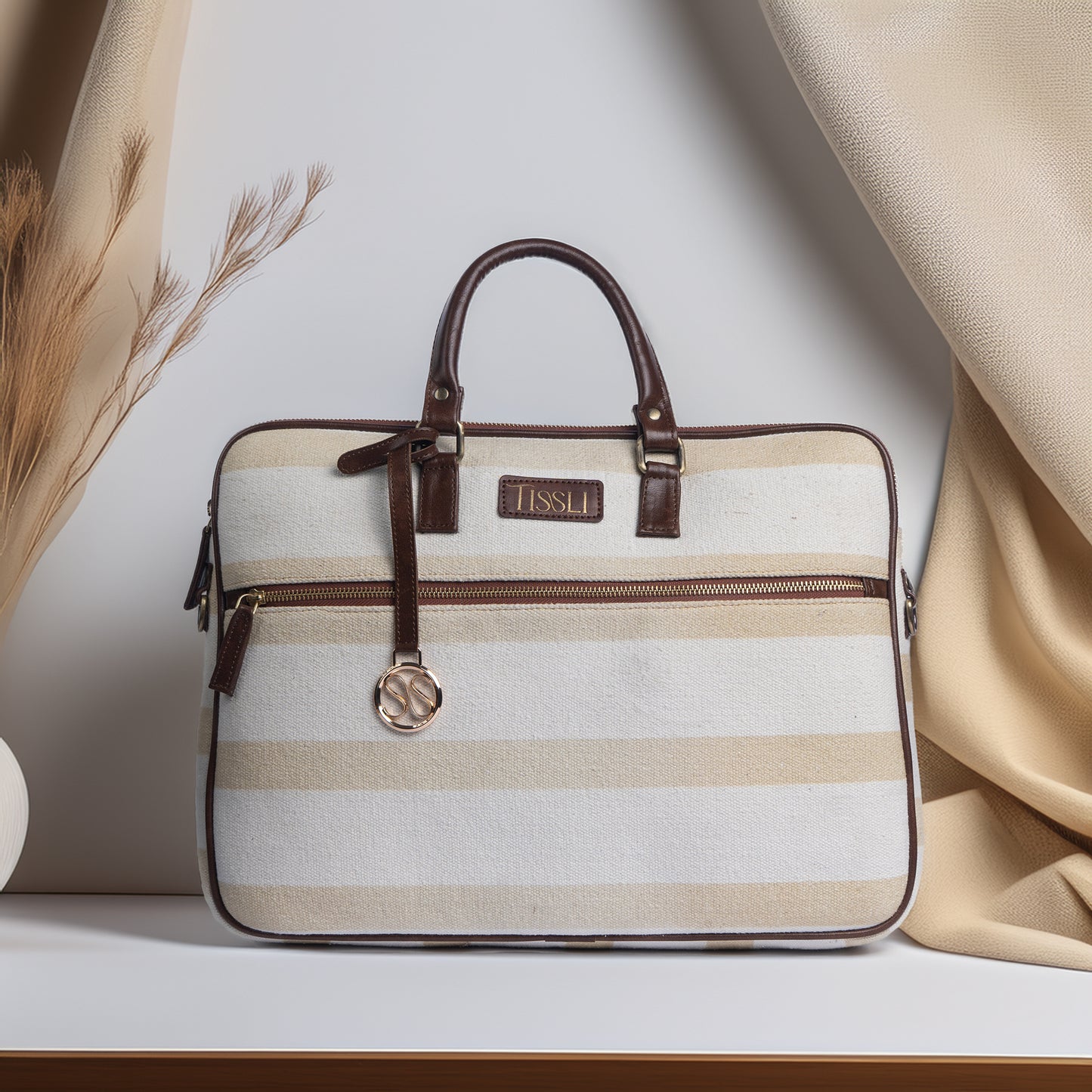 Handwoven Desert Drift Laptop Bag with Brown Leather Handles | Minimal Beige Stripes for Effortless Everyday Style