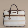 Handwoven Desert Drift Laptop Bag with Brown Leather Handles | Minimal Beige Stripes for Effortless Everyday Style