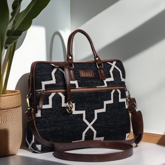 Sapphire Lattice Blue Laptop Bag with Brown Leather Handles | Handwoven Geometric Office & Work Bag