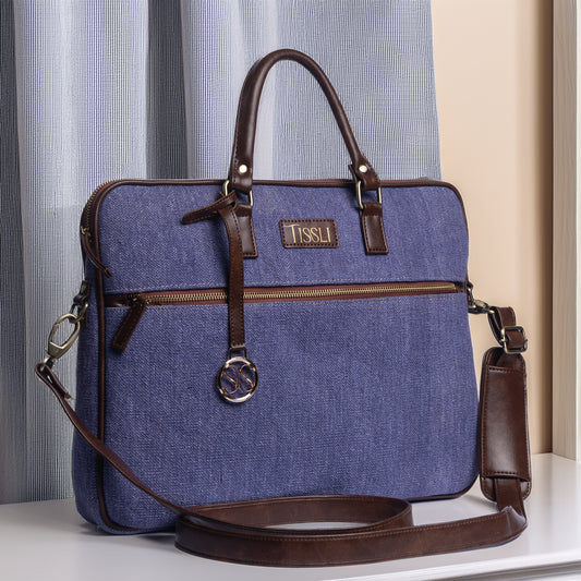 Indigo Dreams Blue Laptop Bag with Brown Leather Handles | Handwoven Office & Work Bag