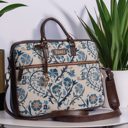 Handwoven Paisley Paradise Laptop Bag with Brown Leather Handles | Elegant Blue Floral Pattern for Everyday Work