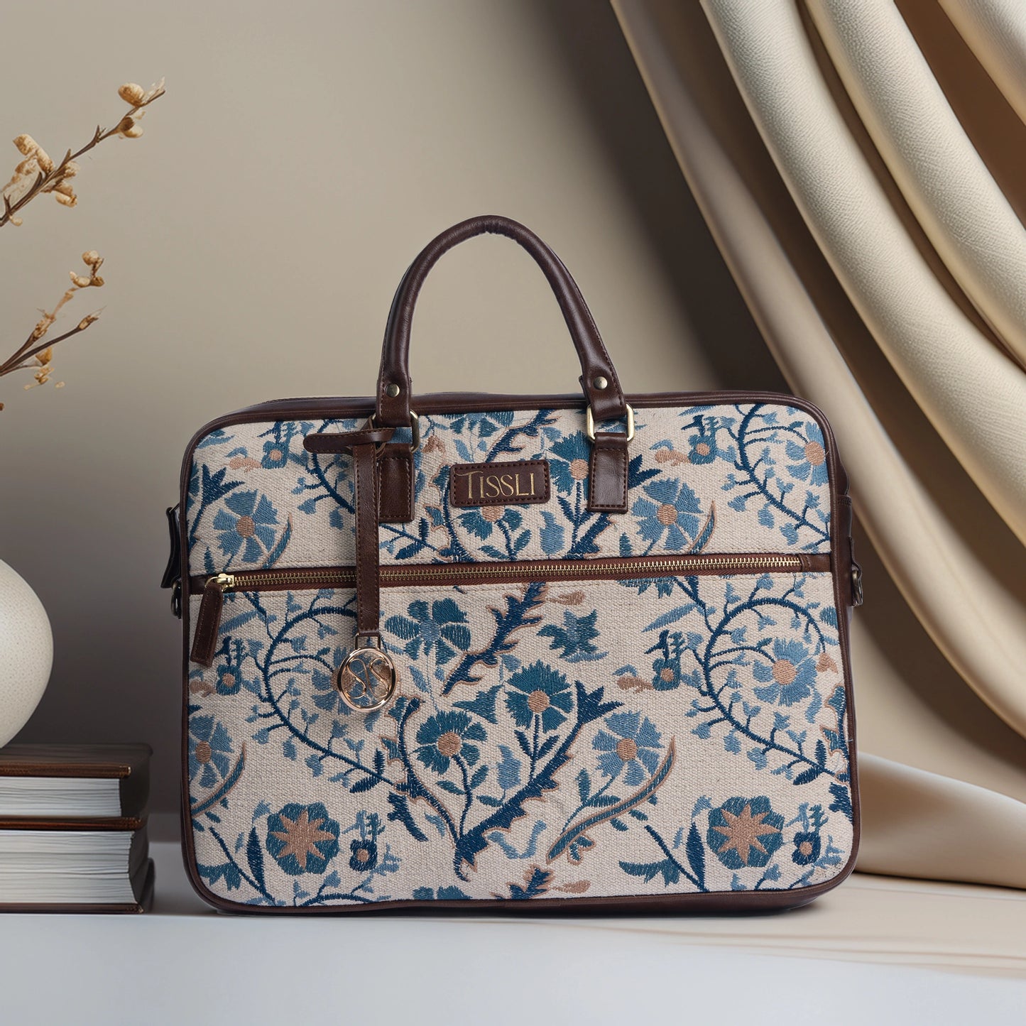Handwoven Paisley Paradise Laptop Bag with Brown Leather Handles | Elegant Blue Floral Pattern for Everyday Work