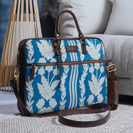 Chikankari Bloom Laptop Bag | White floral embroidery on blue base, handcrafted for timeless charm