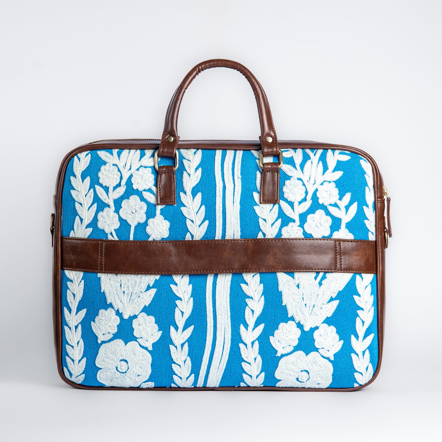 Chikankari Bloom Laptop Bag | White floral embroidery on blue base, handcrafted for timeless charm