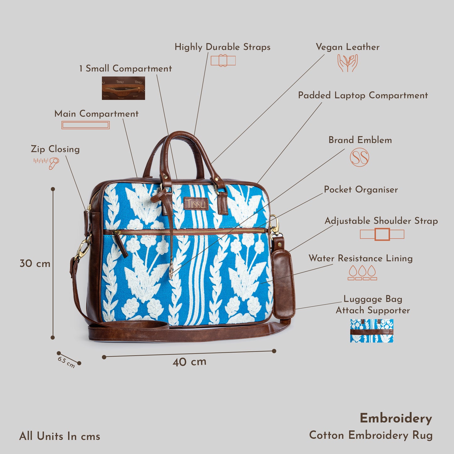 Chikankari Bloom Laptop Bag | White floral embroidery on blue base, handcrafted for timeless charm