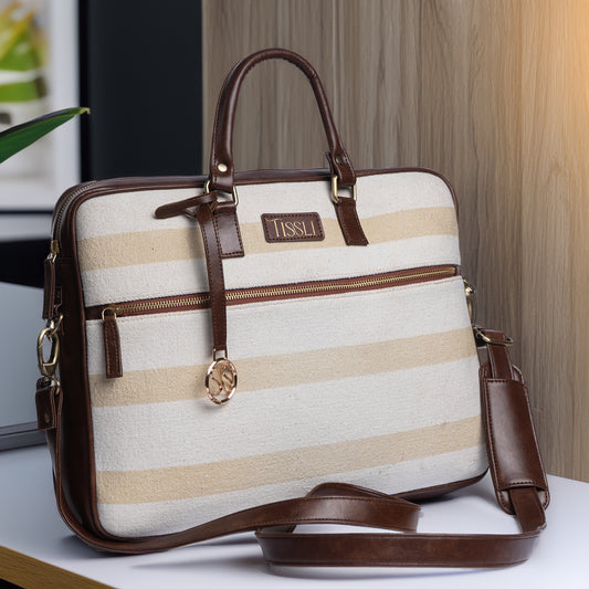 Desert Drift Beige Stripe Laptop Bag with Brown Leather Handles | Handwoven Office & Travel Bag