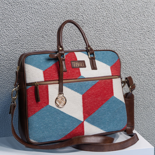 Illusionist Tri-Color Geometric Laptop Bag with Brown Leather Handles | Handwoven Office & Travel Bag