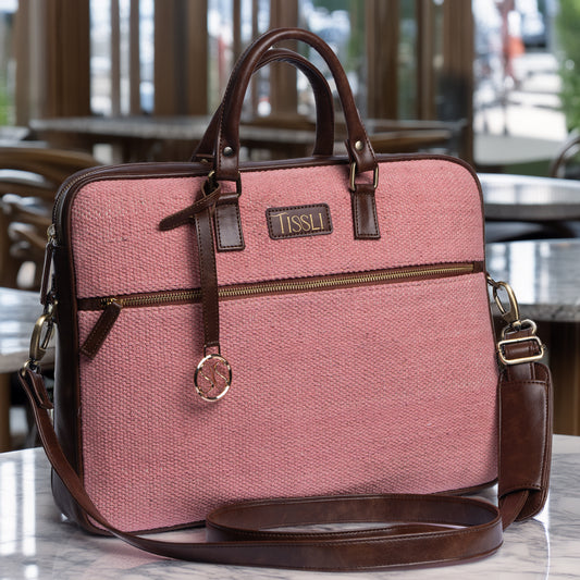 Roseate Canvas Pink Laptop Bag with Brown Leather Handles | Handwoven Work & Travel Bag