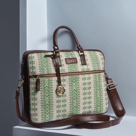 Paisley Motif Laptop Bag | Handcrafted Fabric Design with Leather Detailing for Everyday Use