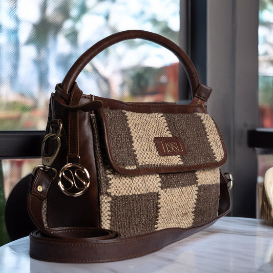 Handwoven Checkered Grid Handbag with Brown Leather Handle | Classic Dual-Tone Pattern for Everyday Style