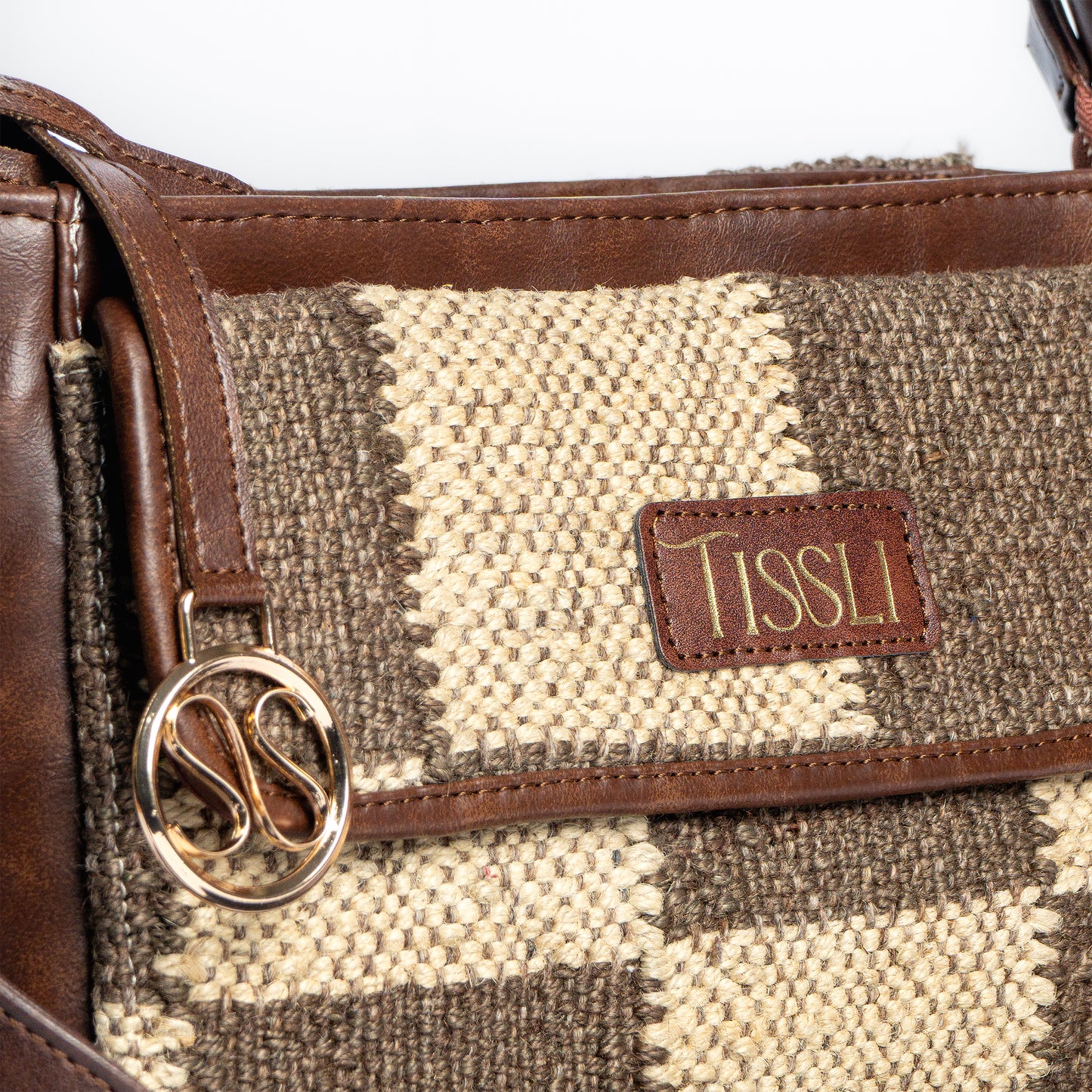 Handwoven Checkered Grid Handbag with Brown Leather Handle | Classic Dual-Tone Pattern for Everyday Style