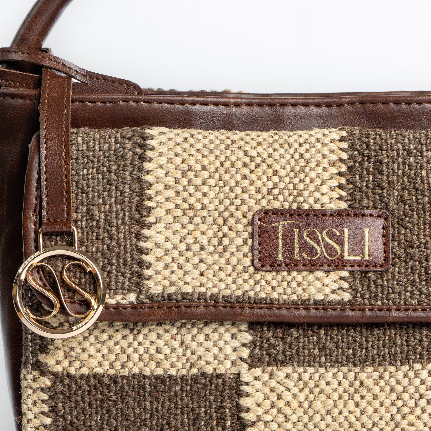 Handwoven Checkered Grid Handbag with Brown Leather Handle | Classic Dual-Tone Pattern for Everyday Style