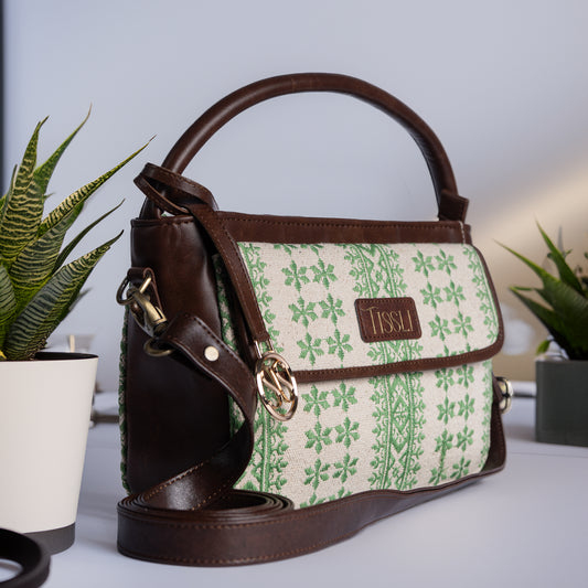 Paisley Motif Green Pattern Sling Bag with Dark Brown Leather Trim | Handwoven Compact Shoulder Bag