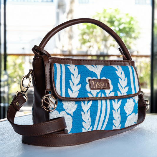 Chikankari Blue Floral Sling Bag with Brown Leather Trim | Handwoven Embroidered Shoulder Bag