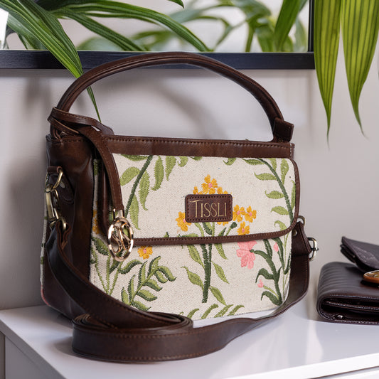 Elegant Gulzar Floral Cross Body Bag | Handcrafted with Subtle Embroidery and Leather Finish