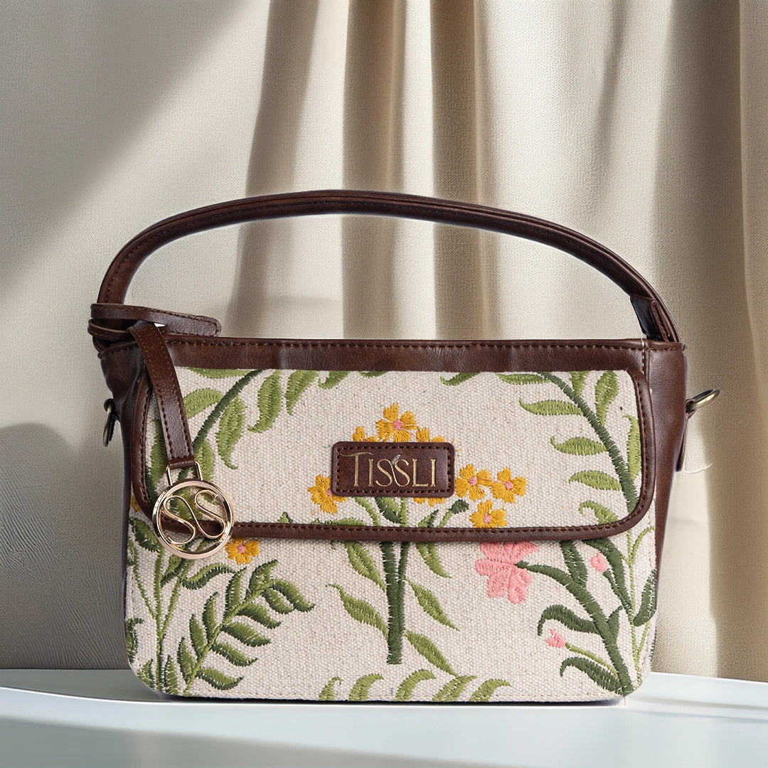 Elegant Gulzar Floral Cross Body Bag | Handcrafted with Subtle Embroidery and Leather Finish