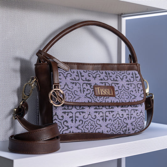 Lavender Lace Pattern Sling Bag with Brown Leather Trim | Handwoven Compact Shoulder Bag