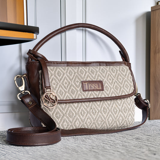 Handwoven Chandan Khari Hand Bag with Brown Leather Handle | Elegant Neutral-Tone Sling for Everyday Use