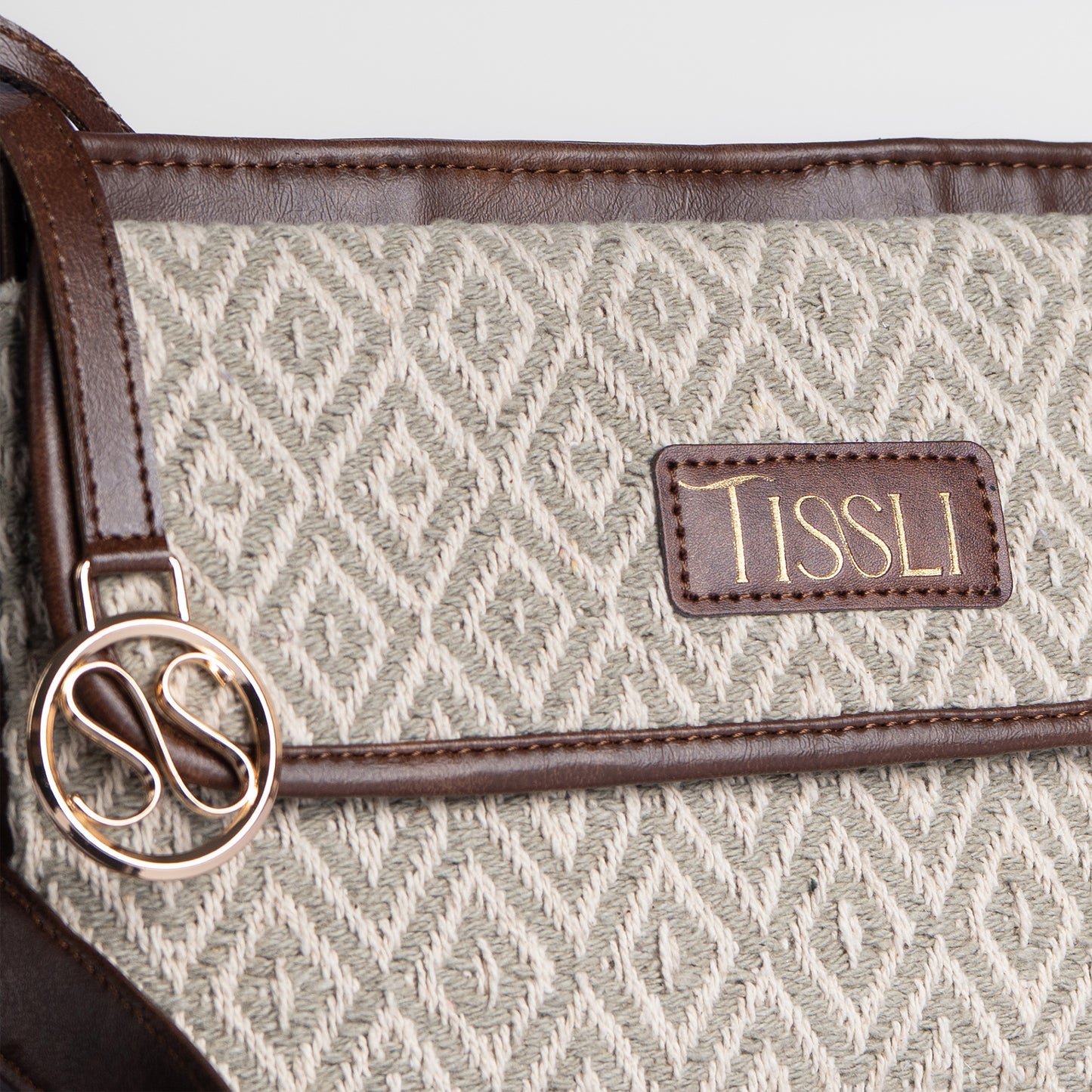 Handwoven Chandan Khari Hand Bag with Brown Leather Handle | Elegant Neutral-Tone Sling for Everyday Use