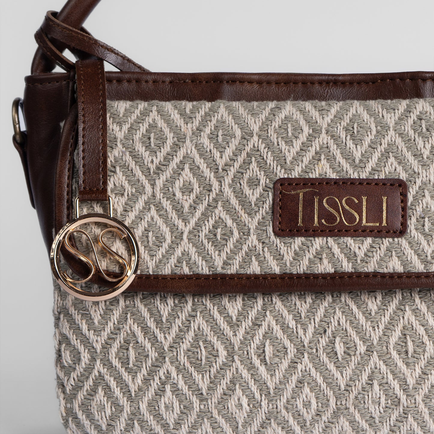 Handwoven Chandan Khari Hand Bag with Brown Leather Handle | Elegant Neutral-Tone Sling for Everyday Use