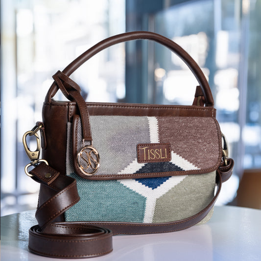 Honeycomb Hues Multi-Tone Sling Bag with Brown Leather Trim | Handwoven Geometric Shoulder Bag