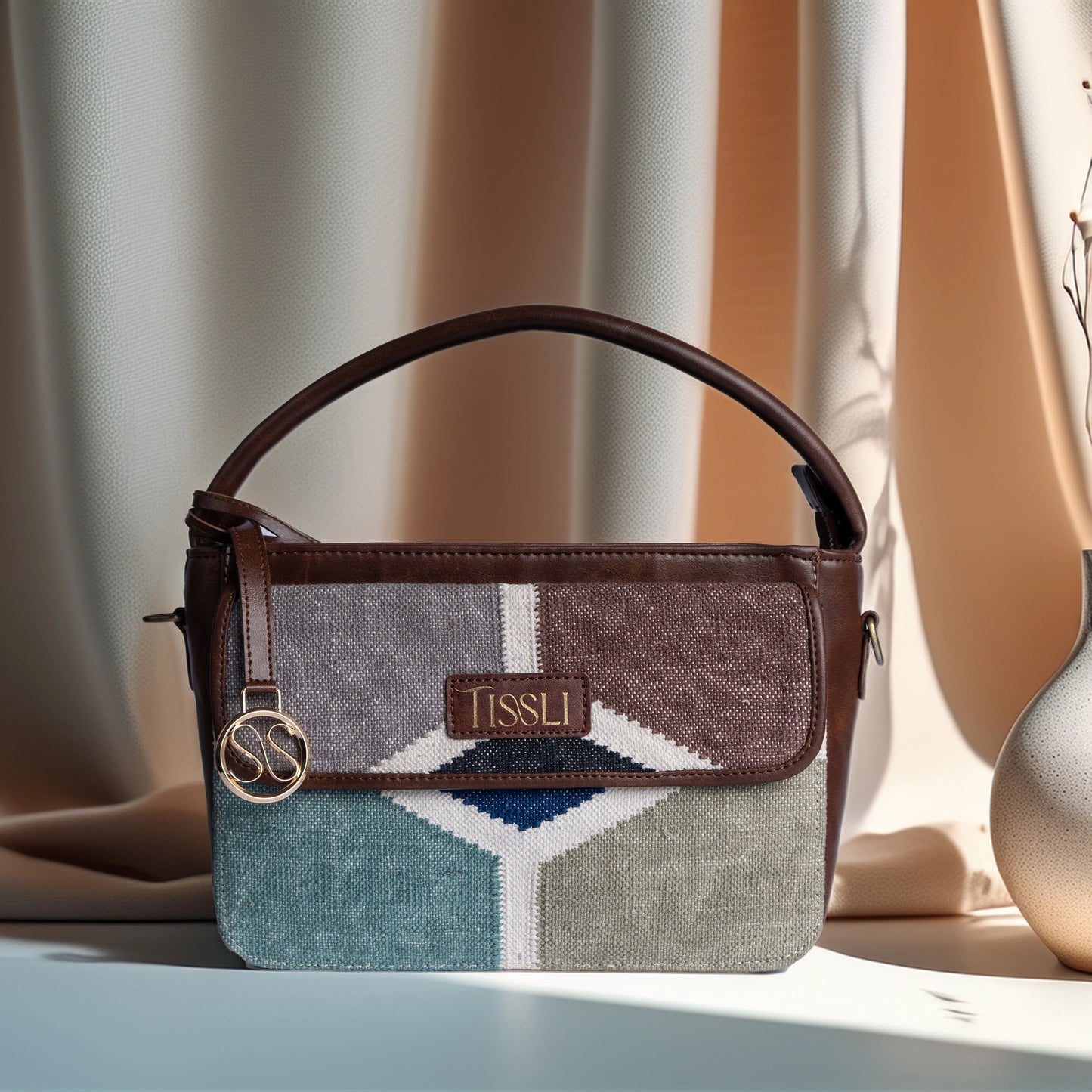 Honeycomb Hues Multi-Tone Sling Bag with Brown Leather Trim | Handwoven Geometric Shoulder Bag