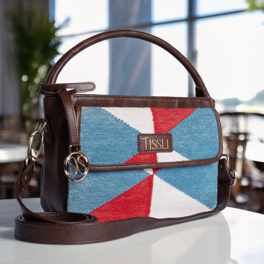 Illusionist Tri-Color Pattern Sling Bag with Brown Leather Detailing | Handwoven Compact Shoulder Bag