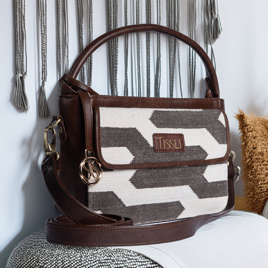 Handwoven Shadow Maze Hand Bag with Brown Leather Detailing | Elegant and Modern Everyday Sling for Women