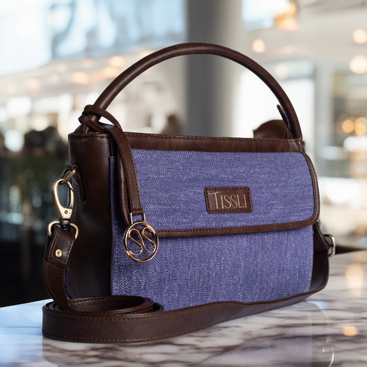 Indigo Dreams Hand Bag with Dark Brown Leather Trim | Handwoven Compact Shoulder Bag