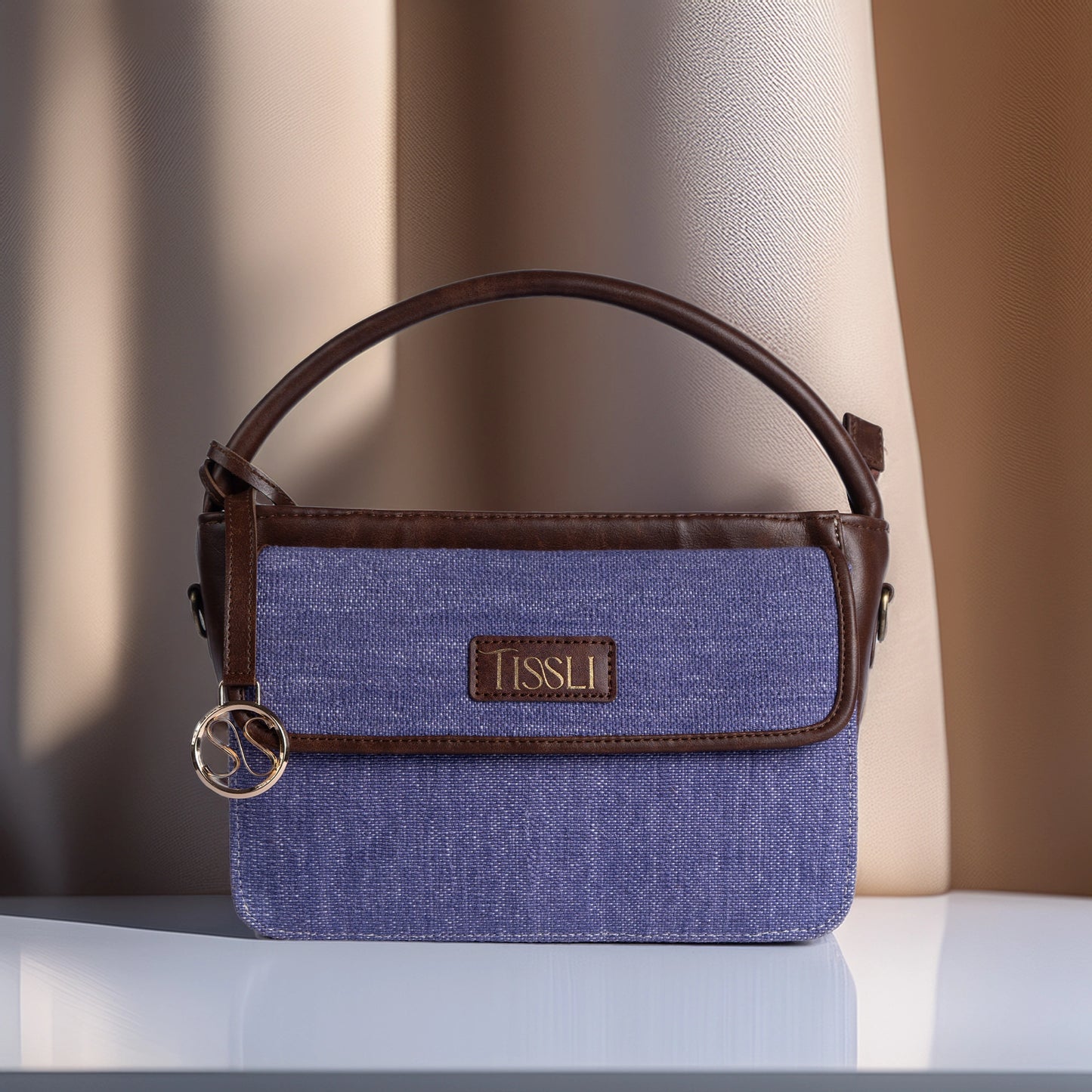 Indigo Dreams Hand Bag with Dark Brown Leather Trim | Handwoven Compact Shoulder Bag