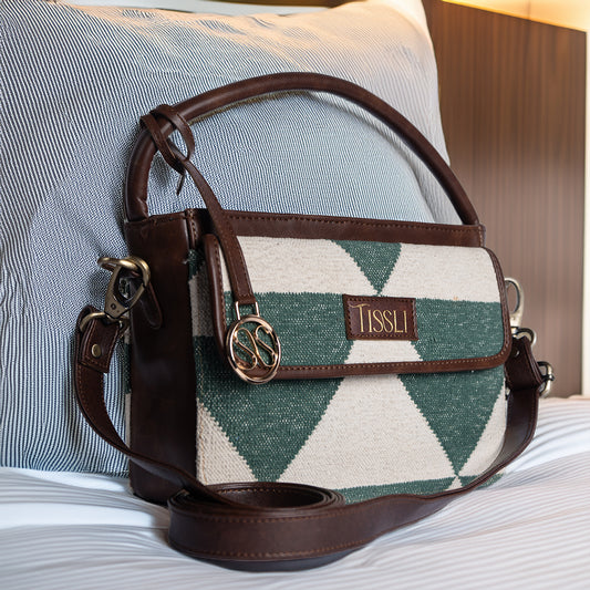 Vana Moksha Hand Bag | Handwoven green and white geometric pattern inspired by nature and calmness
