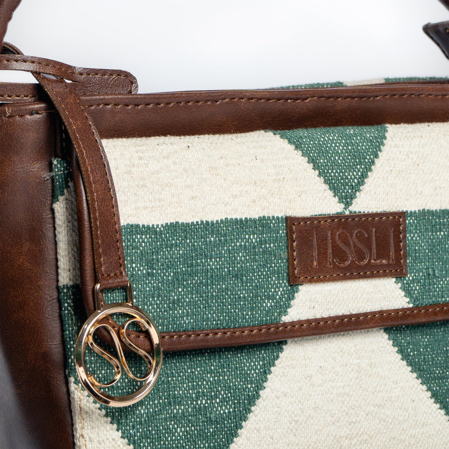 Vana Moksha Hand Bag | Handwoven green and white geometric pattern inspired by nature and calmness