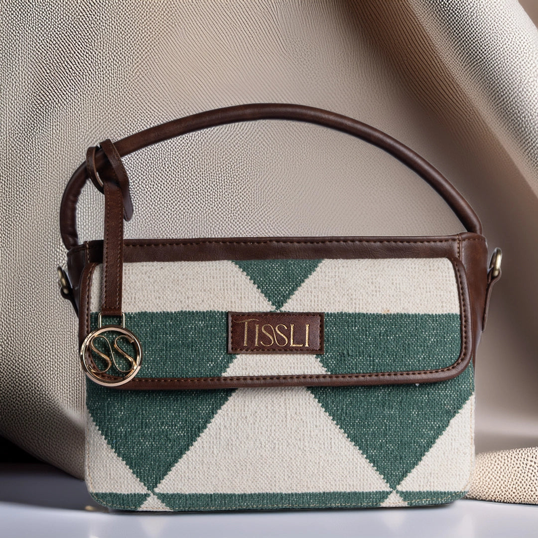 Vana Moksha Hand Bag | Handwoven green and white geometric pattern inspired by nature and calmness
