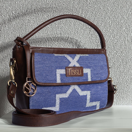 Handwoven Indigofera Lattice Hand Bag with Brown Leather Handle | Elegant Geometric Weave for Everyday Style