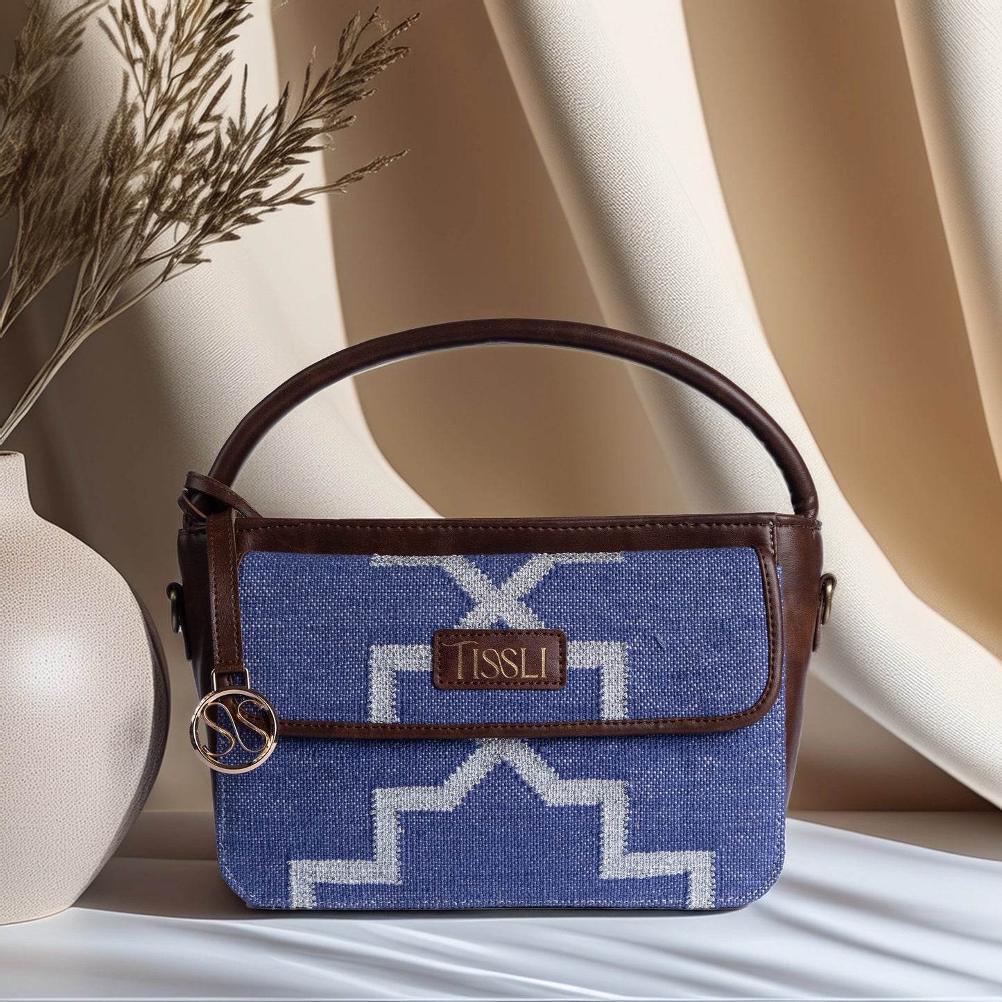 Handwoven Indigofera Lattice Hand Bag with Brown Leather Handle | Elegant Geometric Weave for Everyday Style