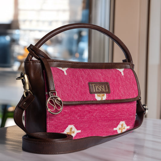 Fuchsia Fiesta Pink Hand Bag with Brown Leather Accents | Handcrafted Everyday Sling Bag