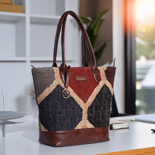 Gemstone Mosaic Multi-Color Tote Bag with Brown Leather Base | Handcrafted Everyday Shoulder Bag