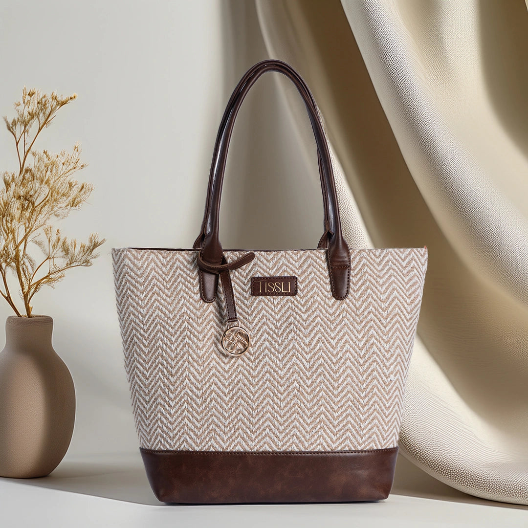 Desert Mirage Tote Bag | Handwoven beige and white chevron pattern for timeless everyday elegance