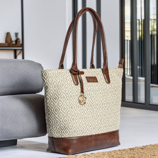 Chandan Khari Ivory Diamond Pattern Tote Bag with Brown Leather Base | Handwoven Everyday Shoulder Bag